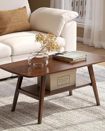 100% Solid Oak Wood Coffee Table for Living Room, 2-Tier Living Room Table with Storage Shelf, Mid Century Modern Coffee Tables (Walnut Colour, 39.37" W x19.68 D x 17.32" H)
