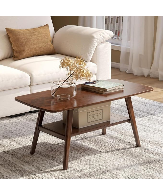100% Solid Oak Wood Coffee Table for Living Room, 2-Tier Living Room Table with Storage Shelf, Mid Century Modern Coffee Tables (Walnut Colour, 39.37" W x19.68 D x 17.32" H)