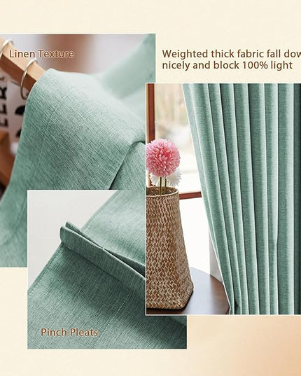Textured Linen Pencil Pleats 100% Blackout Curtains for Bedroom/Living Room Blackout Curtains 63 Inches Long, Energy Saving Window Treatment Curtains,52Wx63Lx2,Green