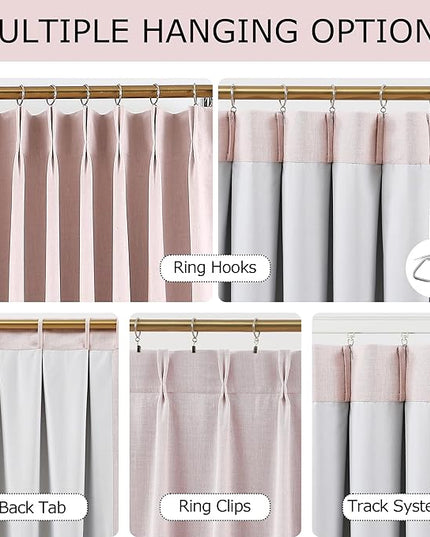 Vision Home Soft Pink Pinch Pleated Full Blackout Curtains Linen Blended Room Darkening Window Panels 90 inch for Living Room Bedroom Thermal Insulated Pinch Pleat Drapes with Hooks 60" Wx90 Lx1