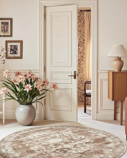 jinchan Round Rug 6ft Area Rug - Brown Vintage Floor Mat Kitchen Indoor - Washable Circle 6' Thin Floral Print Carpet Retro Farmhouse Non Slip Dining Room Living Room Bedroom Office