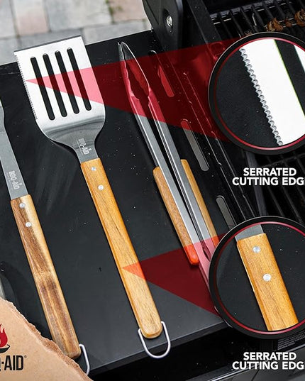 3 Piece BBQ Grilling Accessories Set - BBQ Tongs Spatula Fork Set - Heavy Duty Stainless Steel Barbecue Grill Tools with Solid Hard Wood Handles Great Gift Set