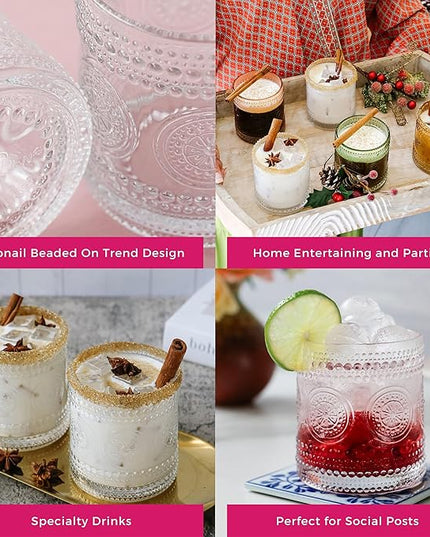 Hobnail Beaded Floral Clear Drinking Glasses Set of 6, (10 oz) Vintage Glassware Set by Kate Aspen| Cocktail Glass Set, Juice Glass, Water Cups | Great Hostess Gift & Gift for New Home Owners