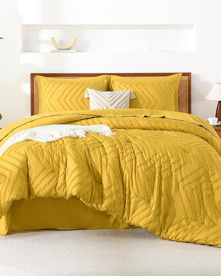 Litanika King Size Comforter Set with Sheets Mustard Yellow - 7 Pieces Bed in a Bag King Chevron Tufted Complete Bedding Sets with Comforter, Sheets, Pillowcases & Shams