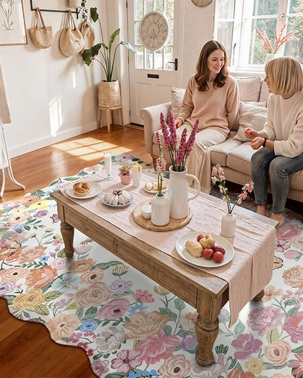 Wonnitar Washable 5x7 Area Rugs for Living Room, Camellia Floral Rugs for Bedroom Girls, Non-Slip Soft Flower Scalloped Rug Carpet for Kids Nursery Room Bedside Dorm Home Decor(Beige,5'x7')