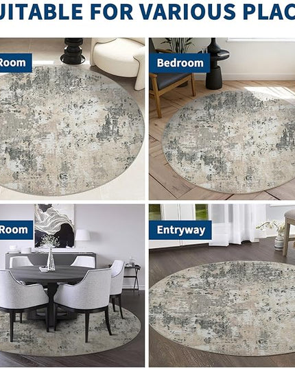 Modern Abstract 6x6 Round Area Rug Non Slip Non Shedding Rug Low Pile Stain Resistant for Bedroom Living Room Office Dining Room,Grey Yellow