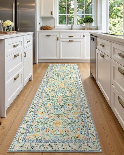 Wonnitar Washable Runners for Hallways, 2'6''x8' Floral Green Runner Rug for Kitchen Bathroom, Boho 8ft Non Silp Extra Long Rugs for Entryway Bedroom Laundry