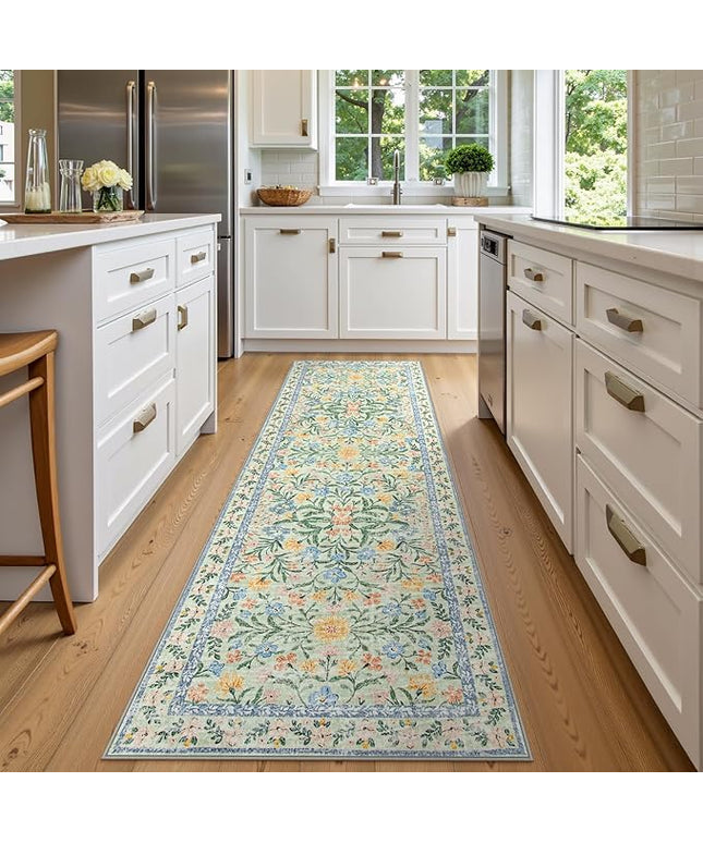 Wonnitar Washable Runners for Hallways, 2'6''x8' Floral Green Runner Rug for Kitchen Bathroom, Boho 8ft Non Silp Extra Long Rugs for Entryway Bedroom Laundry