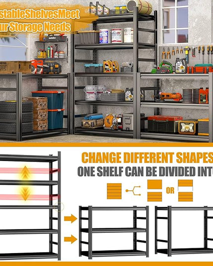 Storage Shelves, Garage Metal Shelving Unit, Adjustable, Double-Layer Column with Reinforced Ribs, Heavy-Duty, Capable of Bearing 600-3600 lbs (Black, 63 * 45 * 18, 5-Tier)