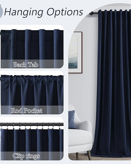 Guken Navy Blue Linen Blackout Curtains 84 Inch Length 2 Panels Set for Living Room Bedroom Back Tab Thermal Insulated 100% Black Out Linen Drapes Room Darkening Window Curtains 84 Inches Long