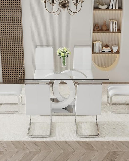 Ebullient Glass Dining Table Set for 6 ，7 Piece Dining Table Set,Tempered Glass Table Top，White Modern Dining Room Table with 6 PU Leather Ergonomic Dining Chairs