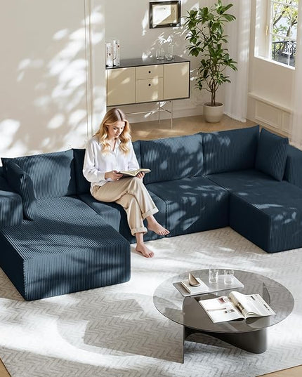 138" Boneless Couches for Living Room, Modular Cloud Couch Sofa -5 Pieces U Shap Corduroy Sectional Sofa, Fluffy Memory Foam Sleeper Sofa Furniture, No Assembly, Wide Armrest, Navy Blue