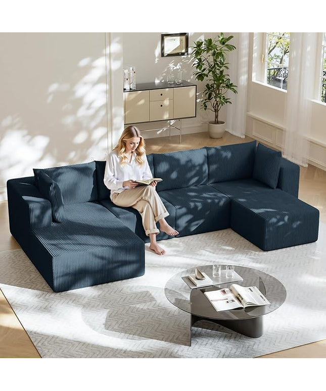 138" Boneless Couches for Living Room, Modular Cloud Couch Sofa -5 Pieces U Shap Corduroy Sectional Sofa, Fluffy Memory Foam Sleeper Sofa Furniture, No Assembly, Wide Armrest, Navy Blue