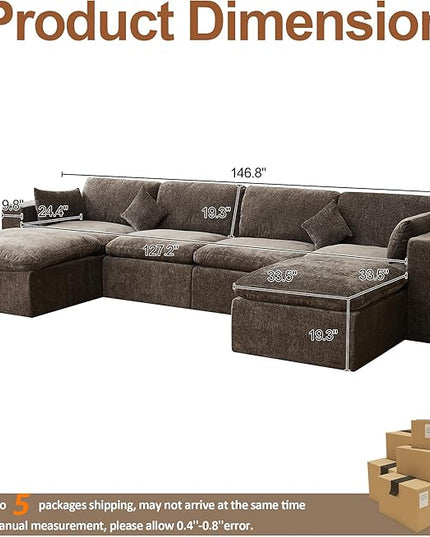 155''Cloud Boneless Sectional Couch, Modular Sectional Sofa Deep Seat with 2 Ottomans, Oversized Upholstered Convertible Comfy 6 Seater Chenille Sofa U Shape Couches for Living Room, Brown