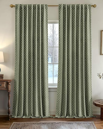 MIULEE Decorative Back Tab Linen Curtains with Geometric Pattern for Living Room Bedroom Farmhouse Rustic Thick Woven Textured Patterned Floor to Ceiling Drapes 102 Inch Long 2 Panels, Olive Green