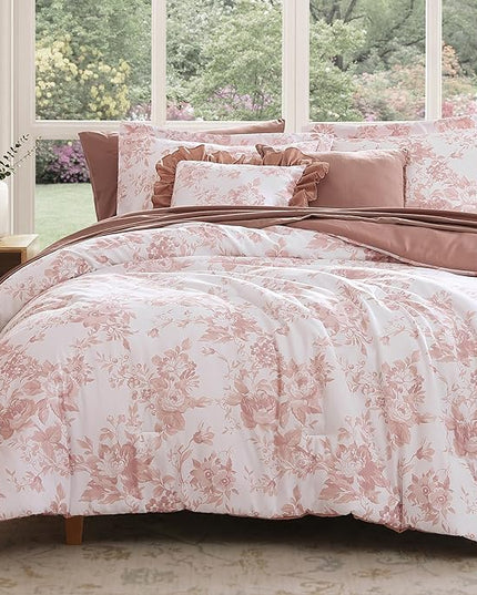 King Comforter Set -7 Pieces Pink Floral Comforter Set for All Seasons, Bed in a Bag King with Botanical Flowers Comforter, Sheets, Pillowcases & Shams