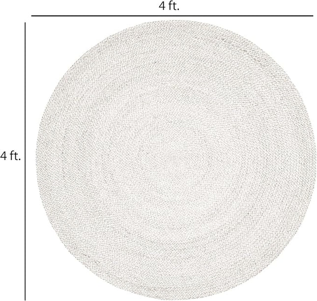 FRELISH DECOR Handwoven Jute Area Rug - Off-White Round Rustic Vintage Beige Braided Reversible Rug - Eco Friendly Rug for Bedroom - Kitchen - Living Room - Farmhouse (4' Round - Off-White)
