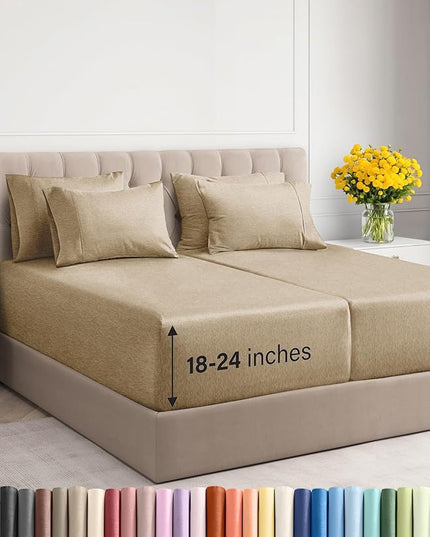 Extra Deep Split King Sheet Set - 7 Piece Breathable & Cooling Sheets - Hotel Luxury Bed Sheets Set - Easy Fit - Soft, Wrinkle Free & Comfy Sheets Set - Heathered Tan Sheet Set w/Extra Deep Pockets