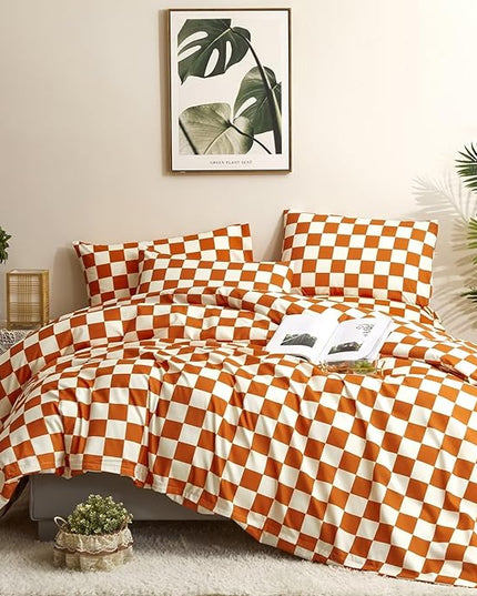 Houseri Burnt Orange Grid Comforter Set Full White and Rust Plaid Bedding Comforter Sets for Teen Girls Boys Terracotta Buffalo Plaid Comforter Full Rust Colored Gingham Comforter Bedding Full Size