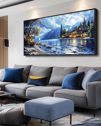 XIGUANGART Blue Coastal Wall Art Ocean Picture Mountain Wall Decor Lake Beside Countryside Large Canvas Print Art for Living Room Bedroom Home Office Forest Scenery Painting Decoration Framed Artwork