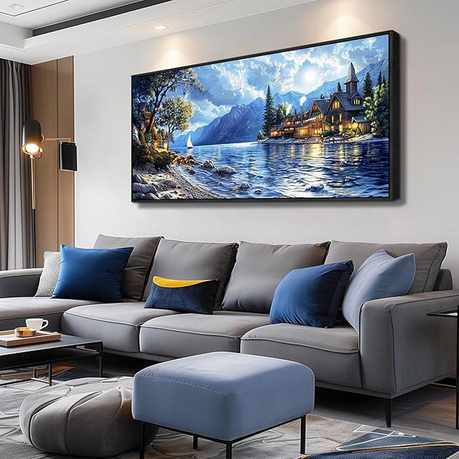 XIGUANGART Blue Coastal Wall Art Ocean Picture Mountain Wall Decor Lake Beside Countryside Large Canvas Print Art for Living Room Bedroom Home Office Forest Scenery Painting Decoration Framed Artwork