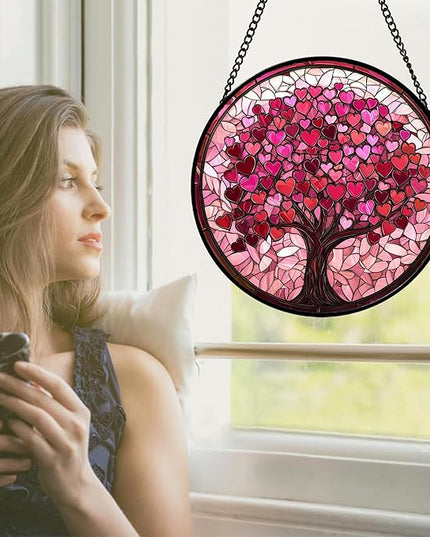 Stained Glass Window Hanging - DASTOLL, Birthday Gifts for Women Men Mom Dad, Pink Love Tree Suncatcher for Doors Window Home Sun Catchers Decor 6.3 in
