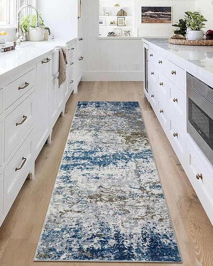 2x6 Modern Abstract Runner Rug Non Slip Soft Machine Washable Stain Resistant Rugs Low Pile Non Shed Rug for Hallway Kitchen Bathroom, Navy