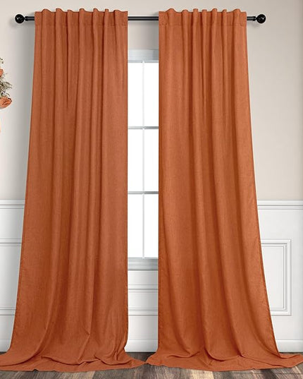 Pitalk Burnt Orange Linen Curtains 102 Inches Long for Living Room 2 Panels Set Back Tab Pocket Fall Drapes Semi Sheer Light Filtering Rust Terracotta Curtain 102 Length for Patio Sliding Door Bedroom