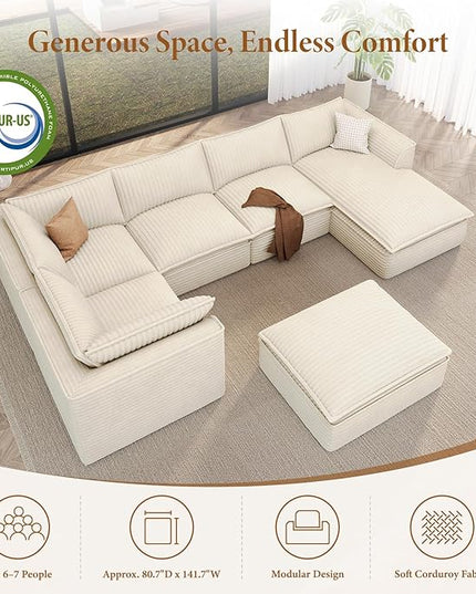 Vesgantti 141.7" Oversized Sectional Boneless Couch, 7 Seater Modular Sofa with Chaise & Ottoman & Armrest, Deep Seat Plush Corduroy Cloud Couches for Living Room, No Assembly Required, Beige
