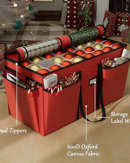 VERONLY Christmas Ornaments Storage Box with Adjustable Dividers - 8 Layers & 128 Compartments, Large Ornament Organizer with Lid for Xmas Decorations, Shatterproof Tray Design, 600D Oxford (Red)