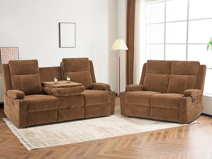 Manual Living Room Reclining Sofa Set, Comfy Chenille Loveseat Recliner Sofa & Deep Seat Reclining Couch, RV Wall Hugger Recliner Sofa Set for Living Room Furniture Sets(Brown)