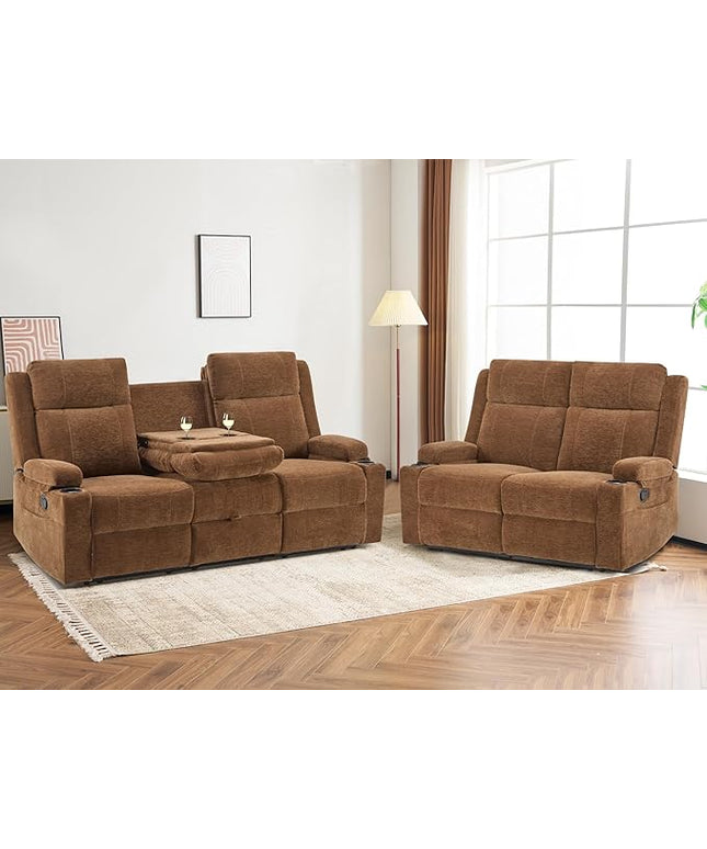 Manual Living Room Reclining Sofa Set, Comfy Chenille Loveseat Recliner Sofa & Deep Seat Reclining Couch, RV Wall Hugger Recliner Sofa Set for Living Room Furniture Sets(Brown)