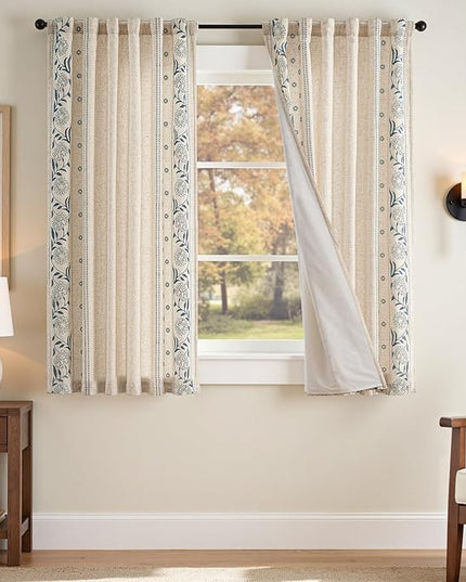 jinchan Winslow Lined Linen Curtains for Bedroom 63 Inches Linen Blended Embroidered Bordered Floral Curtains for Living Room Farmhouse Decor Window Treatments Blue on Beige Drapes 2 Panels