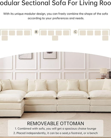 Modular Sectional Sofa, 147.2 Inch L Shaped Couch Set with Armrests, 4-Seater Comfy Cloud Couches with Movable Ottoman for Living Room Apartment, Beige