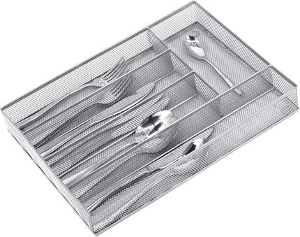 Neudeco Silverware Drawer Organizer Holder, Cutlery Tray Silverware Flatware Storage Divider for Kitchen, Bedroom, Living Room,Mesh Wire with Non-slip foam Feet, 5 Compoment（ Silver）