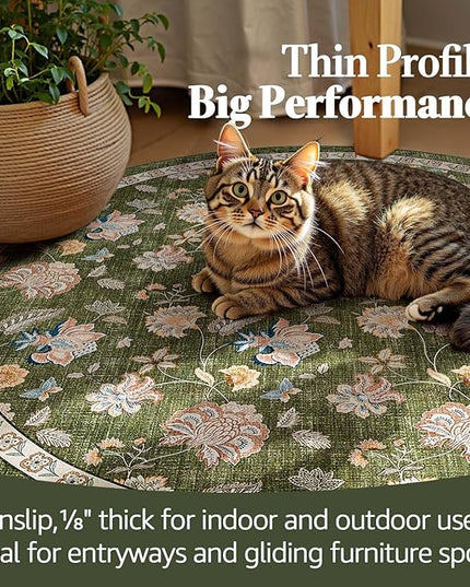jinchan Elora 8ft Floral Round Rug for Washable Living Room Rug Vintage Romance Christmas Design Non Slip Indoor Floor Cover Lightweight Low-Profile Throw Carpet for Bedroom Porch Patio, Green