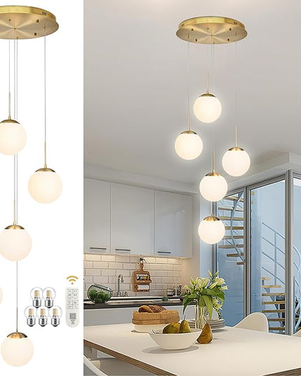 KoKo&Yukina 5-Light Globe Glass Pendant Light Adjustable Length Pendant Lights Fixtures Modern Gold Chandelier with Milky White Glass Ceiling Lights for Foyer Hallway Bedroom (Bulb & Remote Incl.)