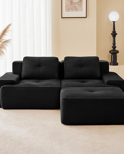 82" Convertible Modular Couches, Deep Seat L Shaped Sofas for Living Room, Modern 2 Seater Love Seat Sofa with 1 Ottoman for Small Space, Comfy Cloud Sectional Sofa Set, Corduroy Fabric Black