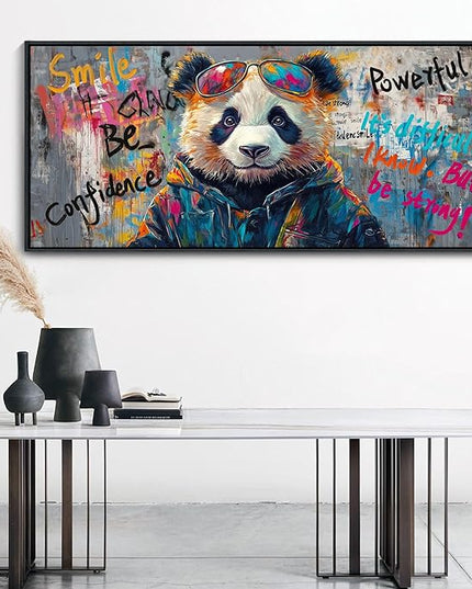 JEAWA Framed Canvas Wall Art - Extra Large Panda Abstract Graffiti Street Art Wall Picture Black and White Paintings Ready to Hang Living Room Bedroom Home Office Inspirational Decor 31.5x70 IN