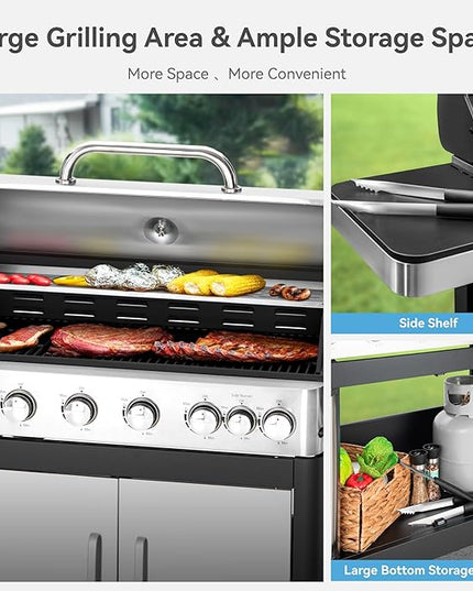 6 Burner Propane Gas BBQ Grill with Side Burner & Porcelain-Enameled Cast Iron Grate, 65,800 BTUs Barbecue Grill 665 Sq. In. Grilling Area, Outdoor Propane Grill for Camping Patio Backyard Cooking