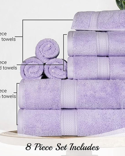 Superior Egyptian Cotton Pile 8 Piece Towel Set, Includes 2 Bath, 2 Hand, 4 Face Towels/Washcloths, Ultra Soft Luxury Towels, Thick Plush Essentials, Guest Bath, Spa, Hotel Bathroom, Purple