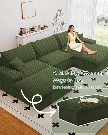 107" Cloud Couch Modular Sectional Sofa for Living Room, U-Shape Boneless Couch with Deep Seat, Modern Corduroy 3-Seater with Ottoman, No Assembly Required (Green,Right-Facing Chaise)