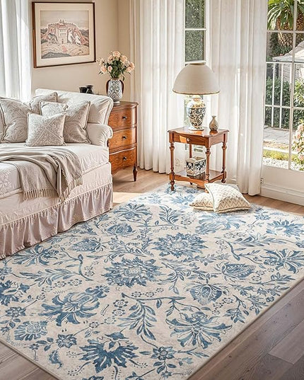 jinchan Torino Floral 5x7 Area Rugs, Vintage-Inspired Design Accent Rug, Machine Washable Ultra-Thin Low-Pile Non-Slip Traditional Carpet for Living Room Bedroom Dining Room Home Office, Turquoise