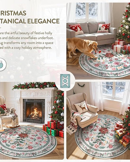 Wonnitar Christmas Decorations for Bedroom, Round Christmas Rug for Entryway Indoor, 4ft Washable Circle Rug Holiday Decor Non Slip Small Round Carpet for Living Room Kids Room Bathroom Xmas Tree