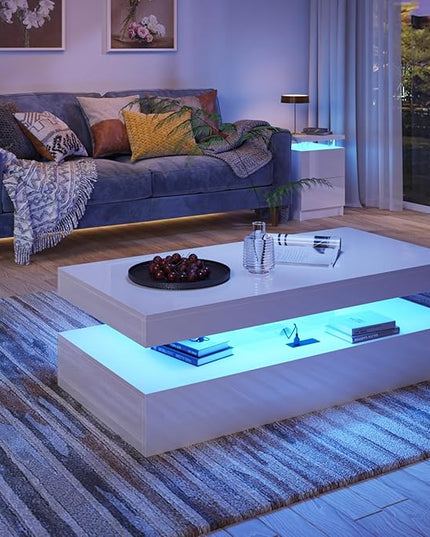 3-Piece Modern Living Room Table Set, Includes LED Coffee Table and End Tables Set of 2 with Storage Drawers, White