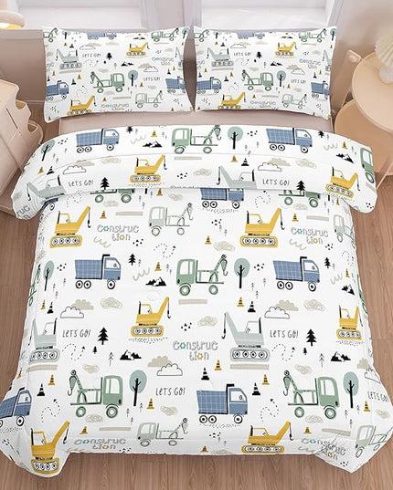 NINENINE Boys Construction Bedding Set Full, 3-Piece Kids Comforter Set for Boys, Soft Lightweight Microfiber Kids Excavator Comforter Set with 2 Pillowcases