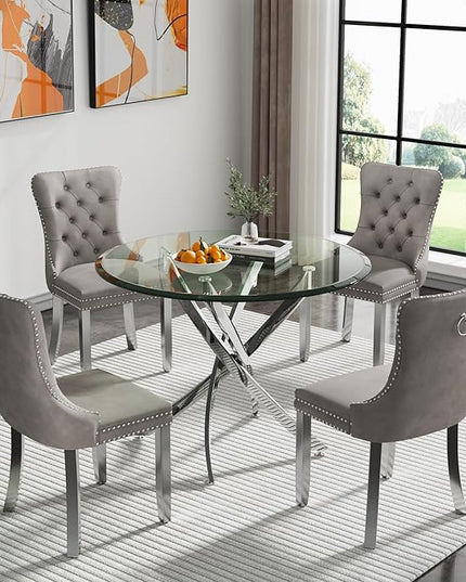 HomVent Round Glass Dining Table Set for 4, Modern Tempered Glass Kitchen Table Set and Chairs, Round Dining Room Table Set for Kitchen