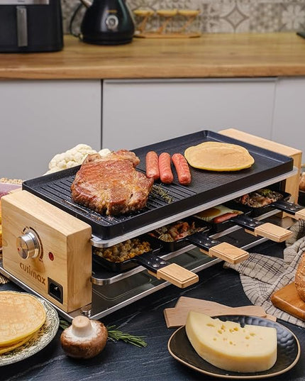 CUSIMAX Electric Grill Raclette Table Grill, 2 in 1 Indoor Grill with Non-Stick Grill & Griddle Plate, Raclette Grill with Wooden frame, 8 Cheese Pans & Wooden Spatulas, Three-Layer Korean BBQ Grill