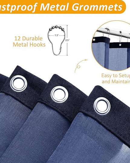 Naturoom Navy Blue Linen Shower Curtain with Fabric Liner Set Rustic Style Modern Farmhouse Shower Curtains for Bathroom 200GSM Burlap Cloth Double Bath Curtains with See Through Top Window 72x72