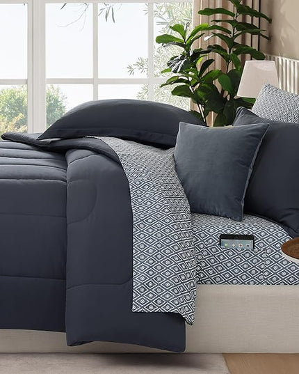 Monbix King Size Comforter Set - 7 Pieces Bed in a Bag King, Blue Grey Track Stitching Bedding Sets with Comforter, All Seasons Down Alternative Comforter Bed Set with Sheets, Pillowcases & Shams